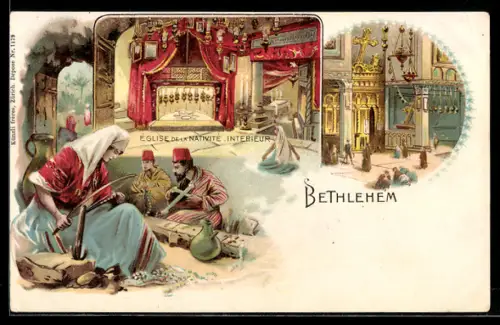 Lithographie Bethlehem, Eglise de la Nativite Interieur