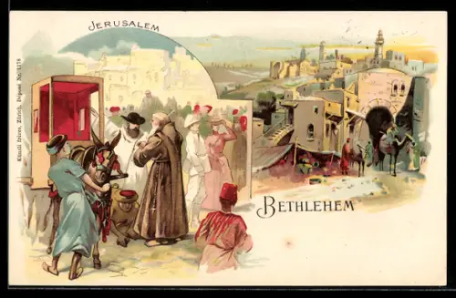 Lithographie Bethlehem, Strasse im Ort, Geistlicher Würdenträger vor seiner Sänfte in Jerusalem