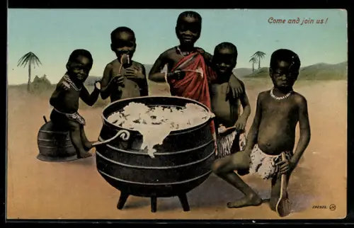 AK Kinder mit Löffeln und einem Kessel Essen