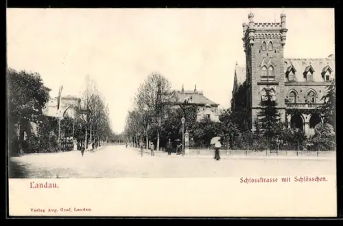 AK Landau, Schlossstrasse mit Schlösschen