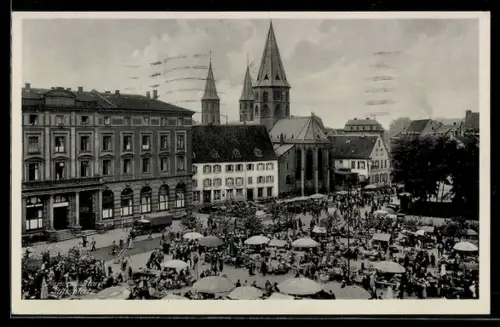 AK Kaiserslautern, Stiftsplatz, Markt mit Marktständen