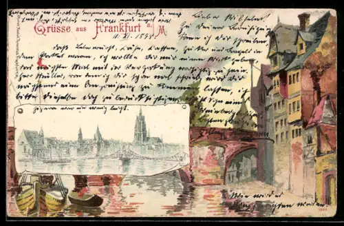 Lithographie Alt-Frankfurt, Mainufer, Alte Brücke, Dom