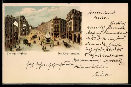 Lithographie Frankfurt a. M., Kaiserstrasse mit Brunnen
