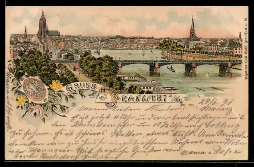 Lithographie Frankfurt a. M., Mainbrücke, Dom, Wappen