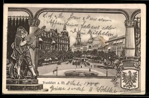 AK Frankfurt a. M., Rossmarkt, Passepartout mit Lautespieler und Wappen
