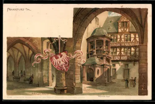 Lithographie Alt-Frankfurt, Römerhalle, Römer-Hof, Wappen