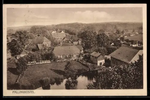 AK Fallingbostel, Ortsansicht mit Teich und Bauernhäusern