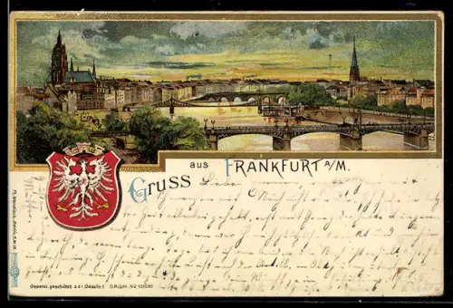 Lithographie Alt-Frankfurt, Stadtansicht mit Dom, Brücke, Stadtwappen