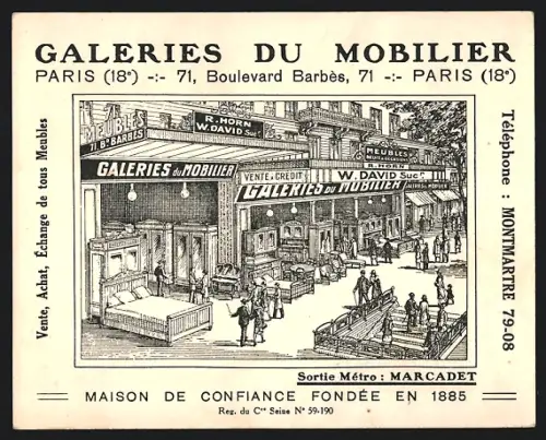 Werbebillet Paris, Galeries du Mobilier, Boulevard Barbès 71, Strassenpartie vor dem Geschäft