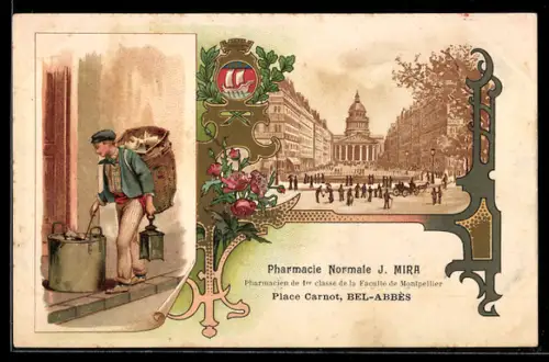 Vertreterkarte Bel-Abbès, J. Mira, Pharmacie Normale, Place Carnot, Partim im Ort