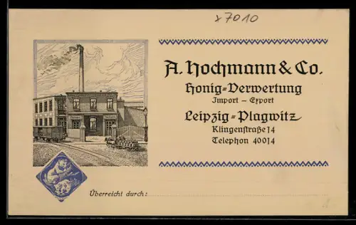 Vertreterkarte Leipzig-Plagwitz, A. Hochmann & Co., Honig-Verwertung, Klingenstrasse 14, Blick zur Fabrik