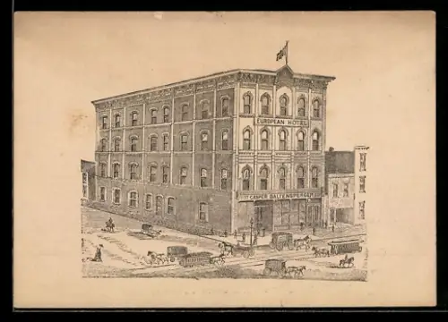 Vertreterkarte Pittsburgh, Kaspar Baltensperger, Hotel Europäischer Hof, Liberty Ave. 1137, Hotel mit Strassenpartie
