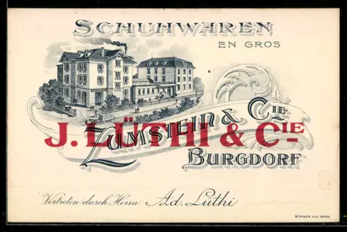 Vertreterkarte Burgdorf, J. Lüthi & Cie, Schuhwaren en Gros, Blick zum Geschäft