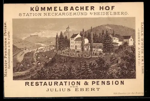 Vertreterkarte Neckargemünd b. Heidelberg, Julius Ebert, Restaurant und Pension, Blick zum Restaurant