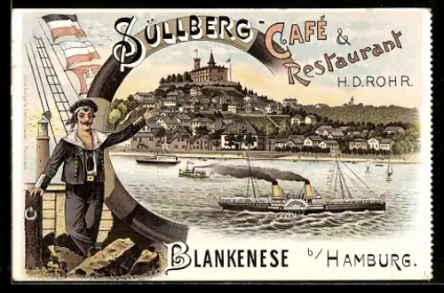 Vertreterkarte Blankenese b. Hamburg, H. D. Rohr, Süllberg-Cafe & Restaurant, Matrose mit Hafenansicht
