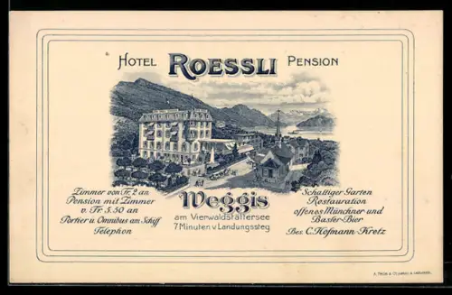 Vertreterkarte Weggis am Vierwaldstättersee, C. Hofmann Kretz, Hotel Pension Roessli, Blick zum Hotel