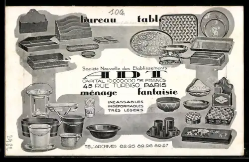 Vertreterkarte Paris, ADT, Rue Turbigo 45, Verschiedene Produkte der Firma