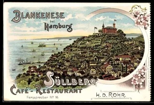 Vertreterkarte Blankese bei Hamburg, H. D. Rohr, Cafe Restaurant Süllberg, Panoramaansicht