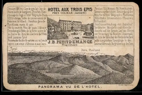 Vertreterkarte Colmar /Alsace, J. B. Petitdemange, Hotel aux Trois Epis, Vu de l`Hotel