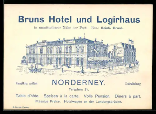 Vertreterkarte Norderney, Bruns Hotel und Logirhaus, Bes. Reinh. Bruns, Aussenansicht mit Strassenpartie
