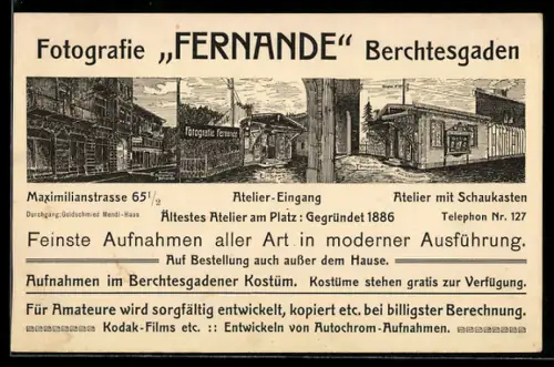 Vertreterkarte Berchtesgaden, Fotografie Fernande, Maximilianstrasse 65 1/2, Diverse Ateliers und Panorama