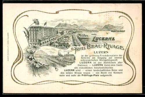 Vertreterkarte Luzern, C. Giger, Hôtel Beau Rivage, Vogelschau auf Hotel mit Bergpanorama