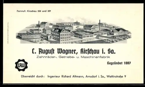 Vertreterkarte Kirchau i. Sa., C. August Wagner, Fabrik für Zahnräder und Maschinen, Vogelschau auf die Fabrik