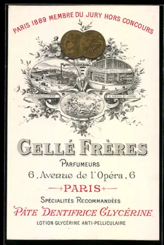Vertreterkarte Paris, Gellé Frères, Parfumeurs, Avenue de l`Opéra 6, Verschiedene Standorte und Auszeichnungen