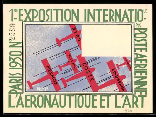 Vertreterkarte Paris, 1. Exposition Internationale de Poste Aerienne, l`Aeronautique et l`Art 1930