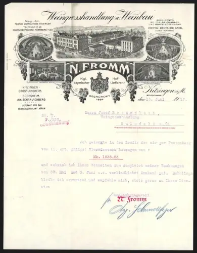 Briefkopf Kitzingen 1917, N. Fromm, Weingrosshandlung und Weinbau, Vogelschau auf Geschäftshäuser