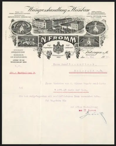 Briefkopf Kitzingen a. M. 1915, N. Fromm, Weingrosshandlung und Weinbau, Vogelschau auf Geschäftshäuser und Weinkeller
