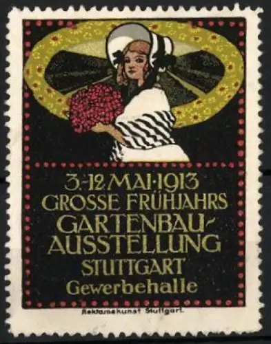 Reklamemarke Stuttgart, Grosse Frühjahrs-Gartenbau-Ausstellung 1913, Frau mit Blumenstrauss