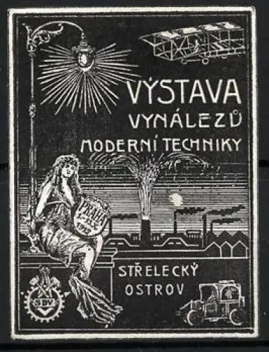 Reklamemarke Prag, Výstava Vynálezu Moderní Techniky 1912, Flugzeug und Strassenlaterne
