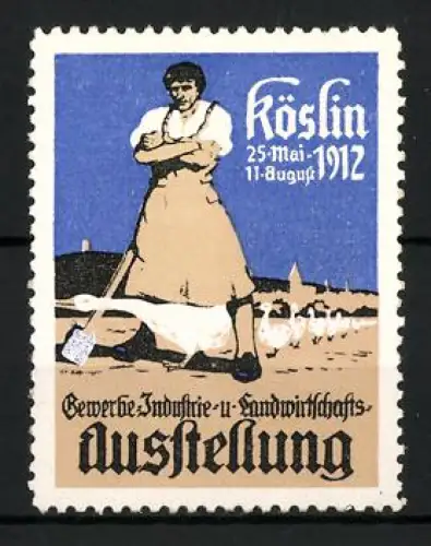 Reklamemarke Köslin, Gewerbe-Industrie-u.-Landwirtschafts-Ausstellung 1912, Schmied mit Gänseschar