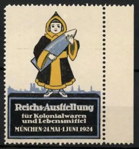 Reklamemarke München, Reichs-Ausstellung für Kolonialwaren und Lebensmittel 1924, Münchner Kindl mit Stadtansicht