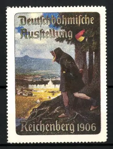 Reklamemarke Reichenberg, Deutschböhmische Ausstellung 1906, Landschaft mit Wanderer