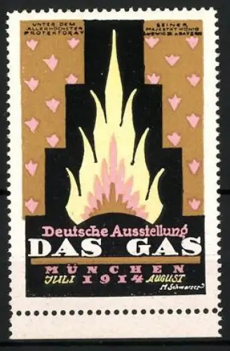 Künstler-Reklamemarke M. Schwarzer, München, Deutsche Ausstellung Das Gas 1914, Flamme