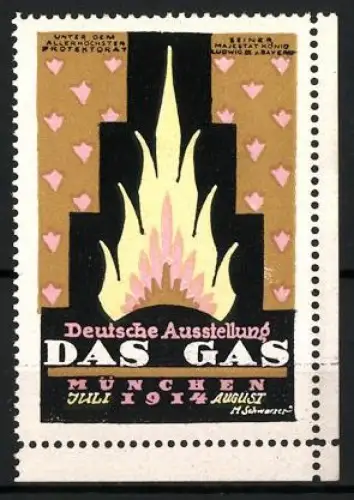 Künstler-Reklamemarke M. Schwarzer, München, Deutsche Ausstellung Das Gas 1914, Gelbe Flamme