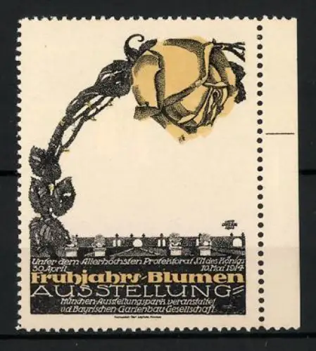Reklamemarke München, Frühlings-Blumen Ausstellung 1914, Gelbe Rose mit Gartenanlagen