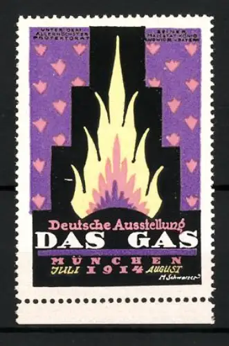Künstler-Reklamemarke M. Schwarzer, München, Deutsche Ausstellung Das Gas 1914, Flamme auf violettem Hintergrund