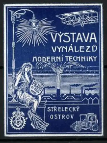Reklamemarke Prag, Výstava Vynálezu Moderní Techniky 1912, Flugzeug und Frau