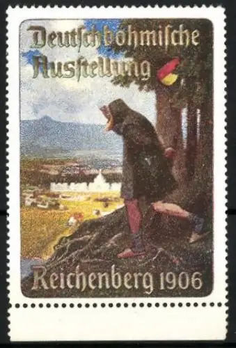 Reklamemarke Reichenberg, Deutsch-böhmische Ausstellung 1906, Wanderer