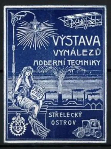 Reklamemarke Praha, Výstava Vynálezu Moderní Techniky 1912, Flugzeug und Laterne, Blau