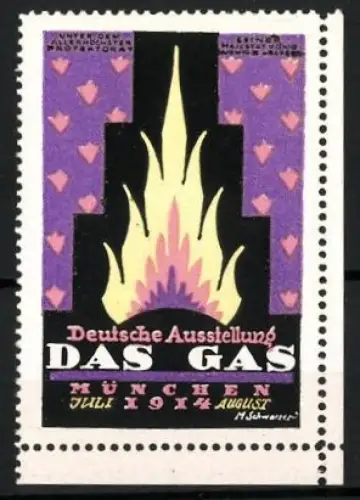 Künstler-Reklamemarke M. Schwarzer, München, Deutsche Ausstellung Das Gas 1914, Flammenmotiv