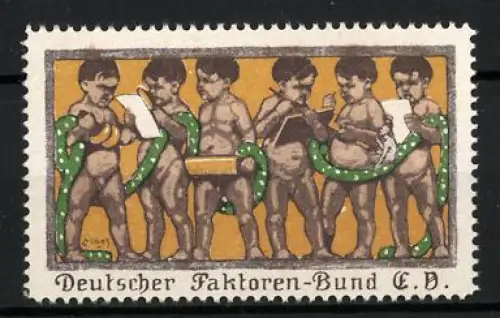 Künstler-Reklamemarke Moos, Deutscher Faktoren-Bund E.V., Putten mit Schreibwerkzeugen