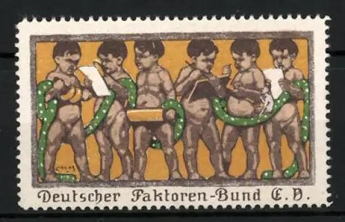 Künstler-Reklamemarke Moos, Deutscher Faktoren-Bund, Sechs Putten im Druckwesen