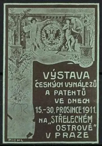 Reklamemarke Prag, Výstava ceských vynálezu a patentu 1911, Wappen mit Adler, Grün