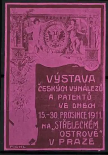 Künstler-Reklamemarke Pichl, Prag, Výstava ceských vynálezu 1911, Wappen