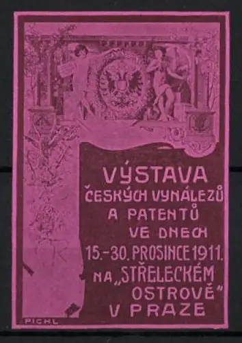 Künstler-Reklamemarke Pichl, Prag, Výstava ceských vynálezu a patentu 1911, Wappen, Rosa