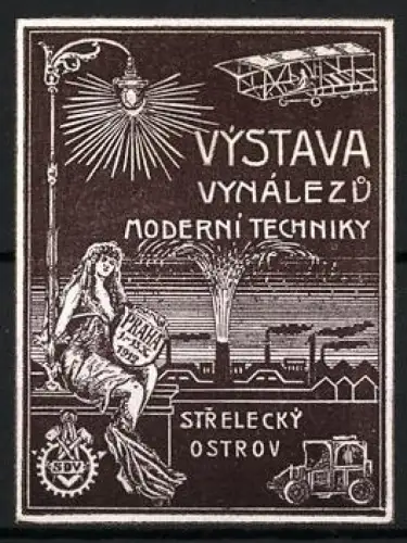 Reklamemarke Prag, Výstava Vynálezu Moderní Techniky 1912, Fabriken und Flugzeug